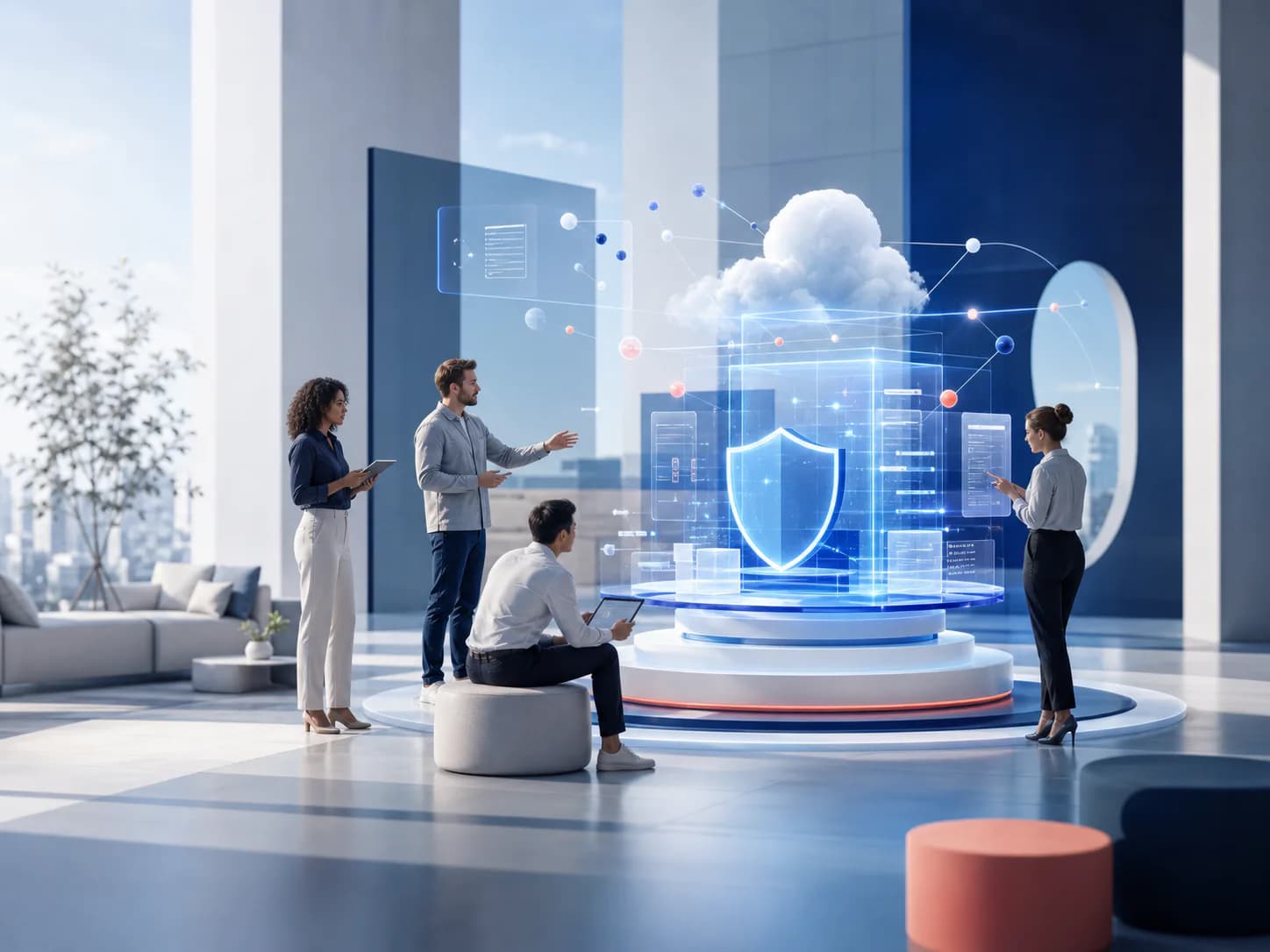 Technology specialists collaborating around a visual representation of a secure cloud platform
